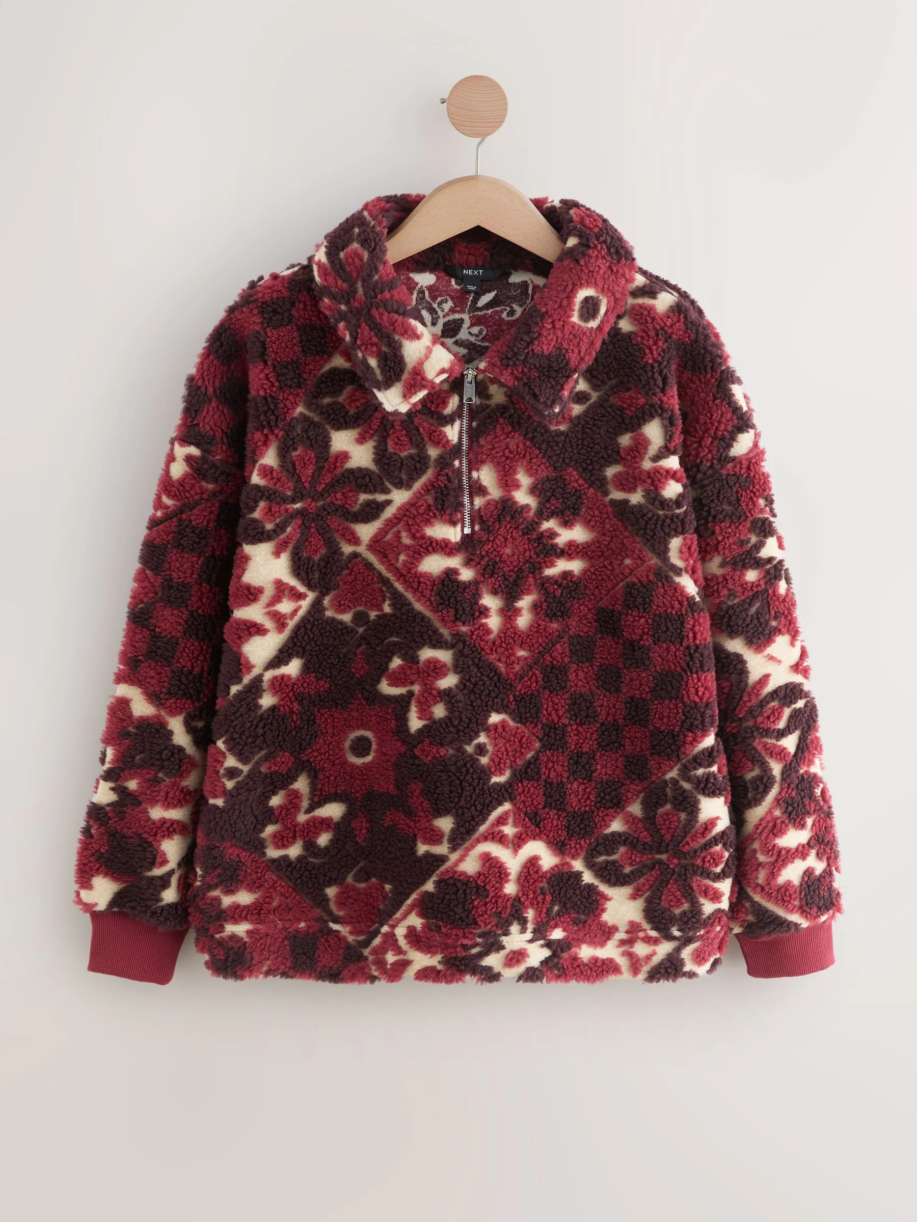 Bordeauxrood gebloemd - Jacquard Teddy Borg Quarter Zip Fleece Sweatshirt