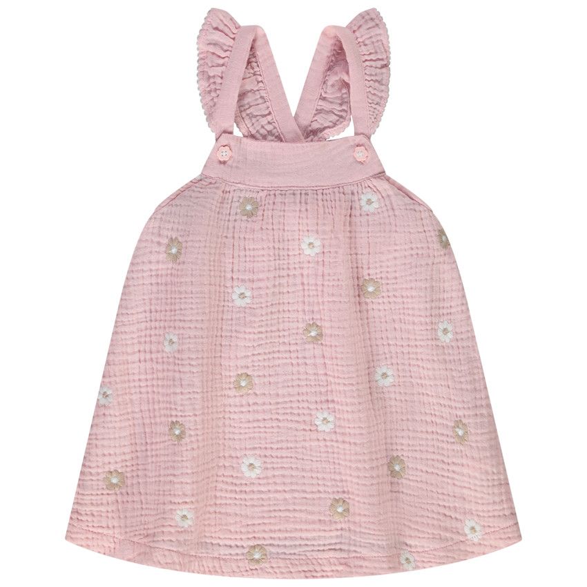 Tunique sans manches en double gaze broderies fleurs pour bébé fille - Rose