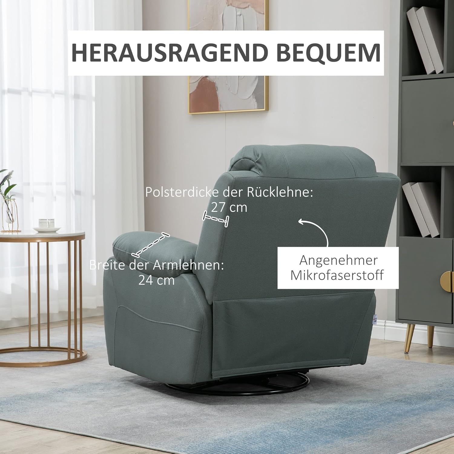 HOMCOM Relaxsessel Fernsehsessel mit Liegefunktion Liegesessel Sessel mit Verstellbarer Rückenlehne, Fußstütze Polstersessel aus Mikroraserstoff für Wohnzimmer Schlafzimmer, Grün