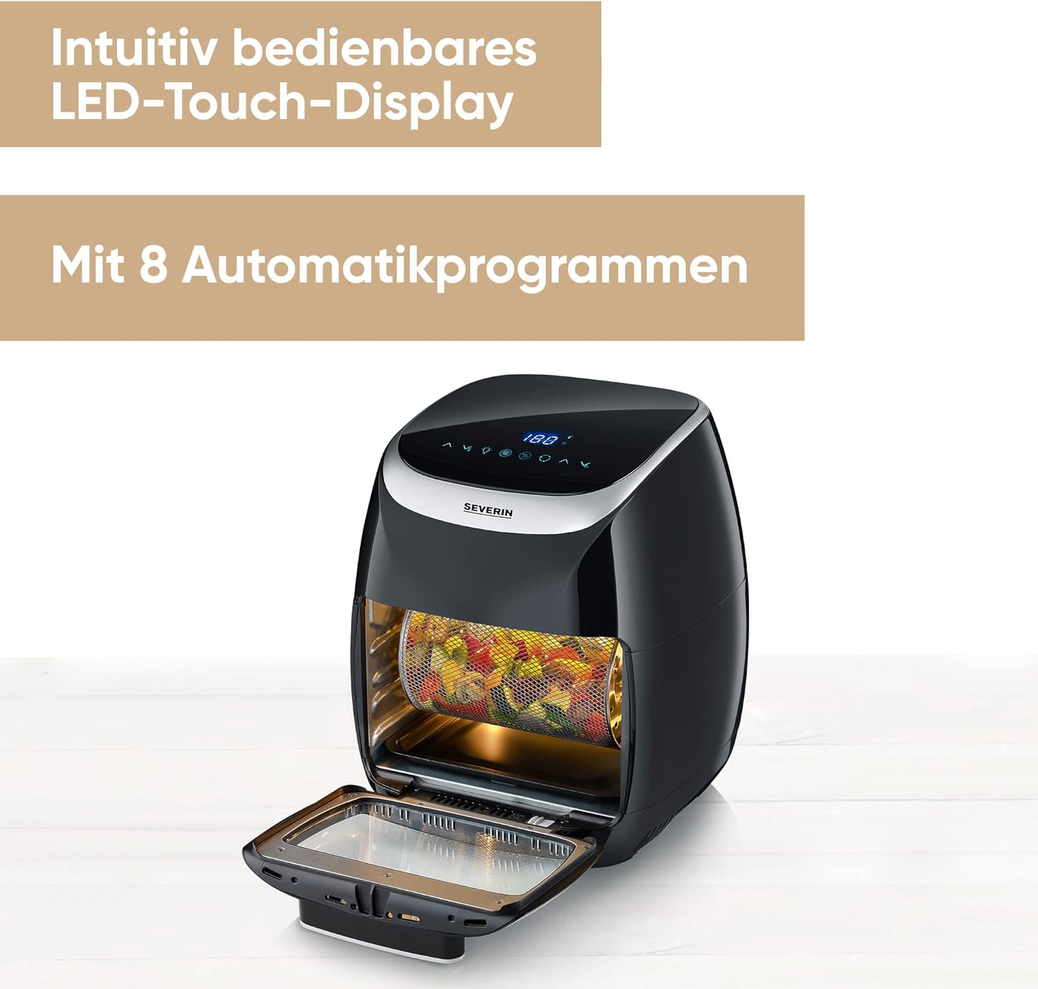 SEVERIN Multi Heißluftfritteuse mit 11 Liter Fassungsvermögen, Heißluft Fryer mit umfangreichem Zubehör, Fritteuse ohne Fett mit 8 Automatikprogrammen, 2000 W, schwarz/silber, FR 2446