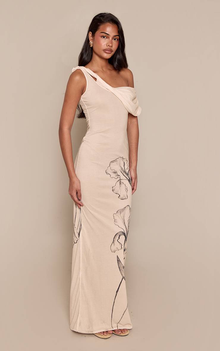 Crème Robe Longue Asymétrique Drapée À Imprimé Floral