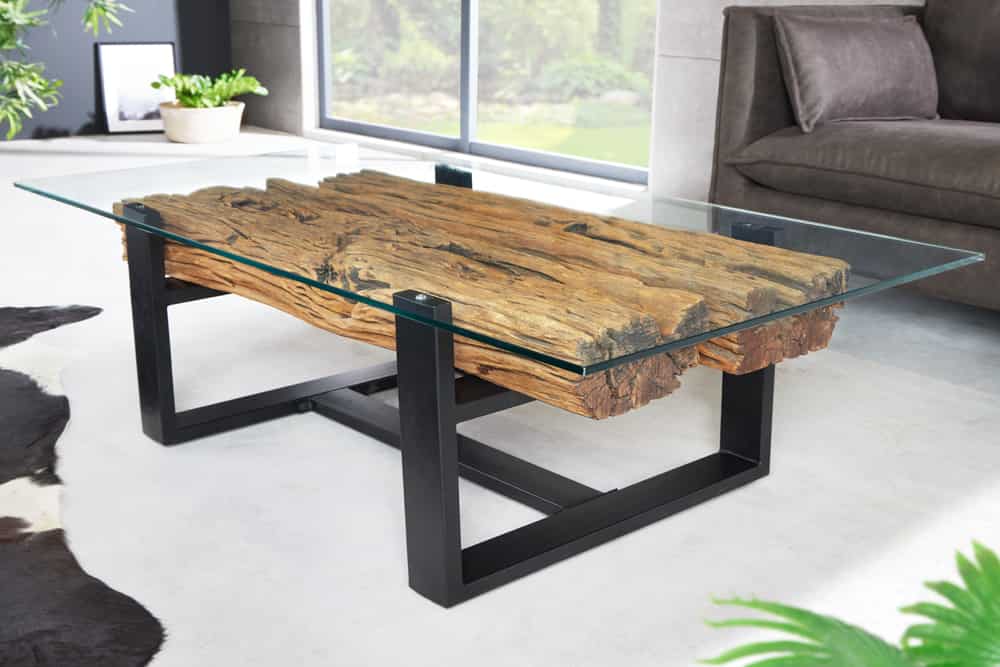 Design Couchtisch BARRACUDA 130cm recyceltes Teakholz Glasplatte schwarz Edelstahl Industrial