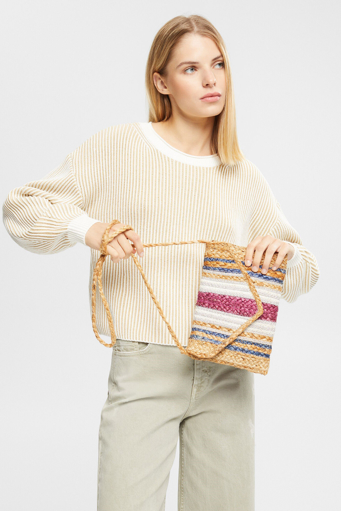 Bolsa carteira de juta trançada com listras multicoloridas - Multicolorida