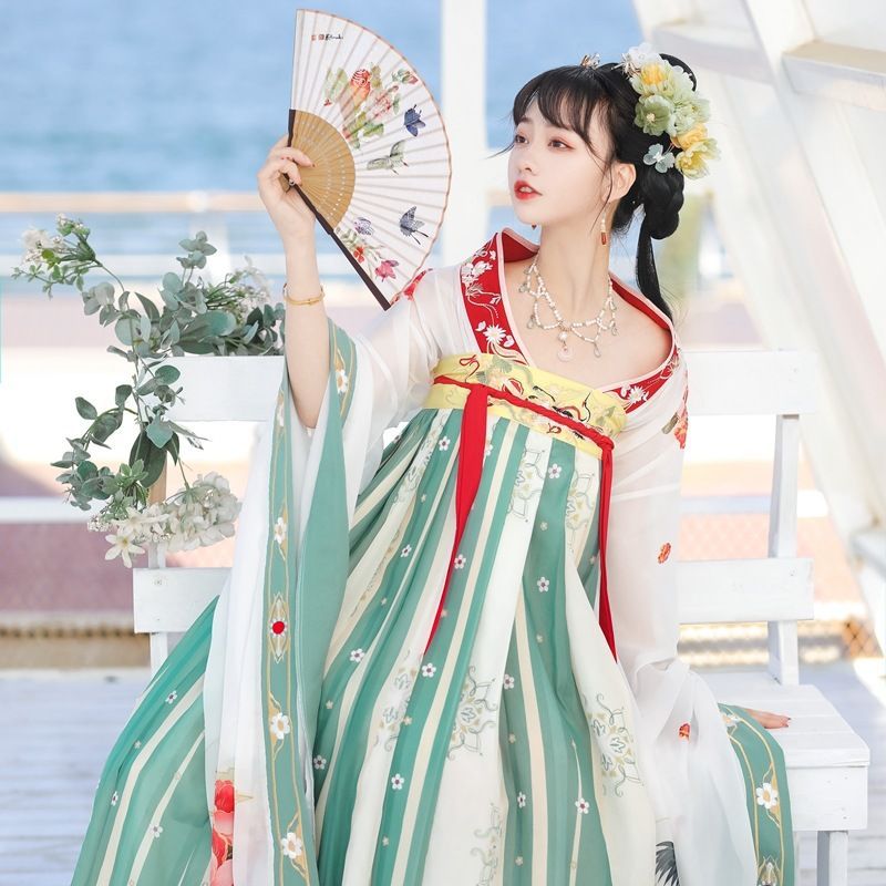 Francoix - Hanfu Set van 2: Geborduurde top met lange mouwen + Maxi-rok met print op de borst