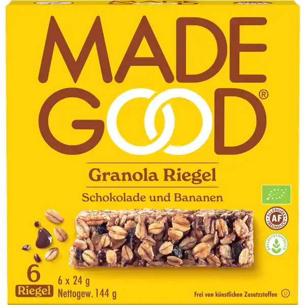 Bio Granola Riegel Schokolade und Bananen