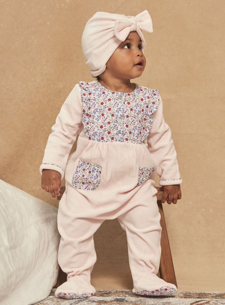 Grenouillière et bonnet rose en velours