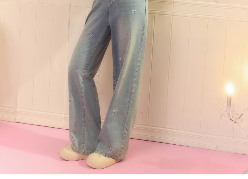 Zeedaren - Plus Size High Rise Bow Borduurde Washed Wide Leg Jeans