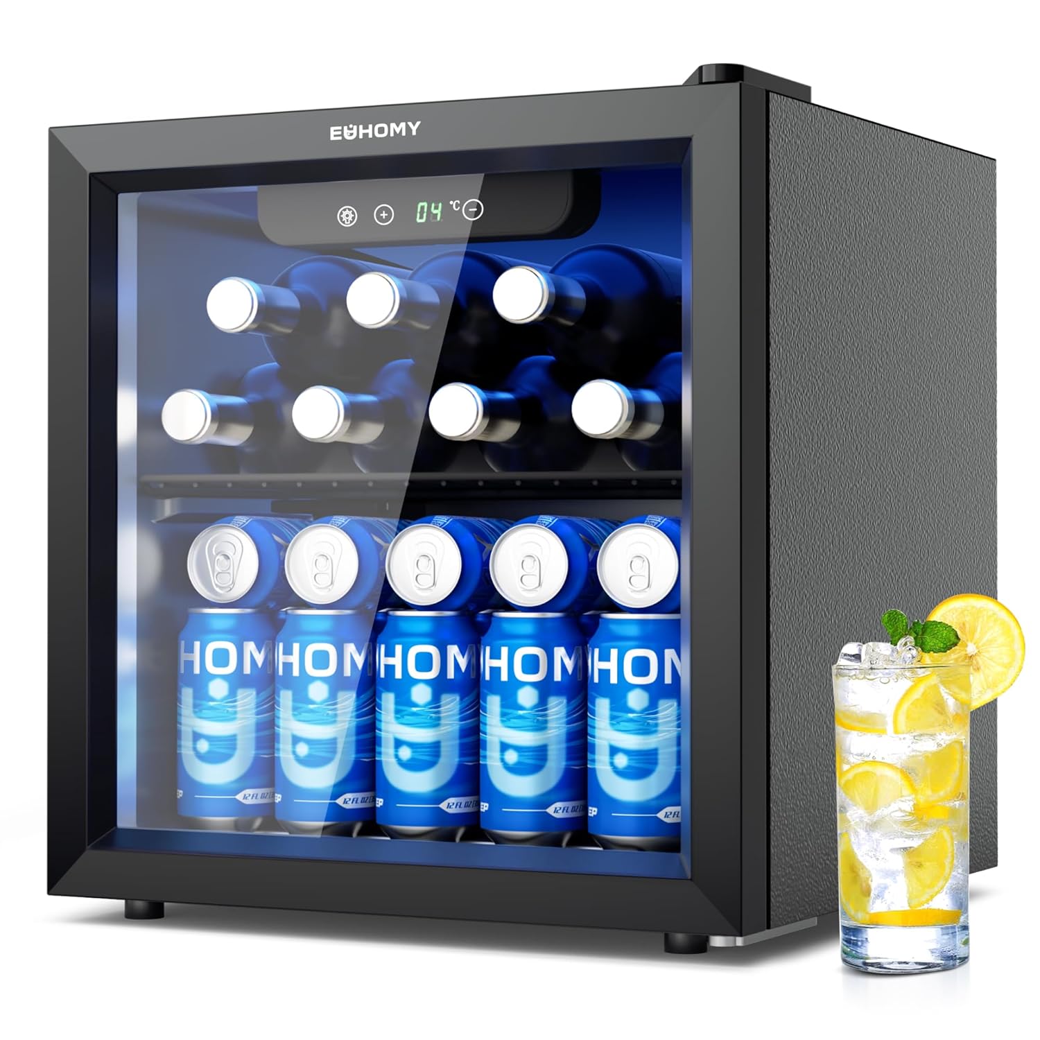 EUHOMY Getränkekühlschrank, Mini Kühlschrank mit Glastür, Bierkühler, Tisch-Getränkekühlschrank für 55 Dosen, Schwarz Freistehender Kühlschrank mit LED, 43dB, für Büro, Zimmer, Bar, 36L, Geräuscharm