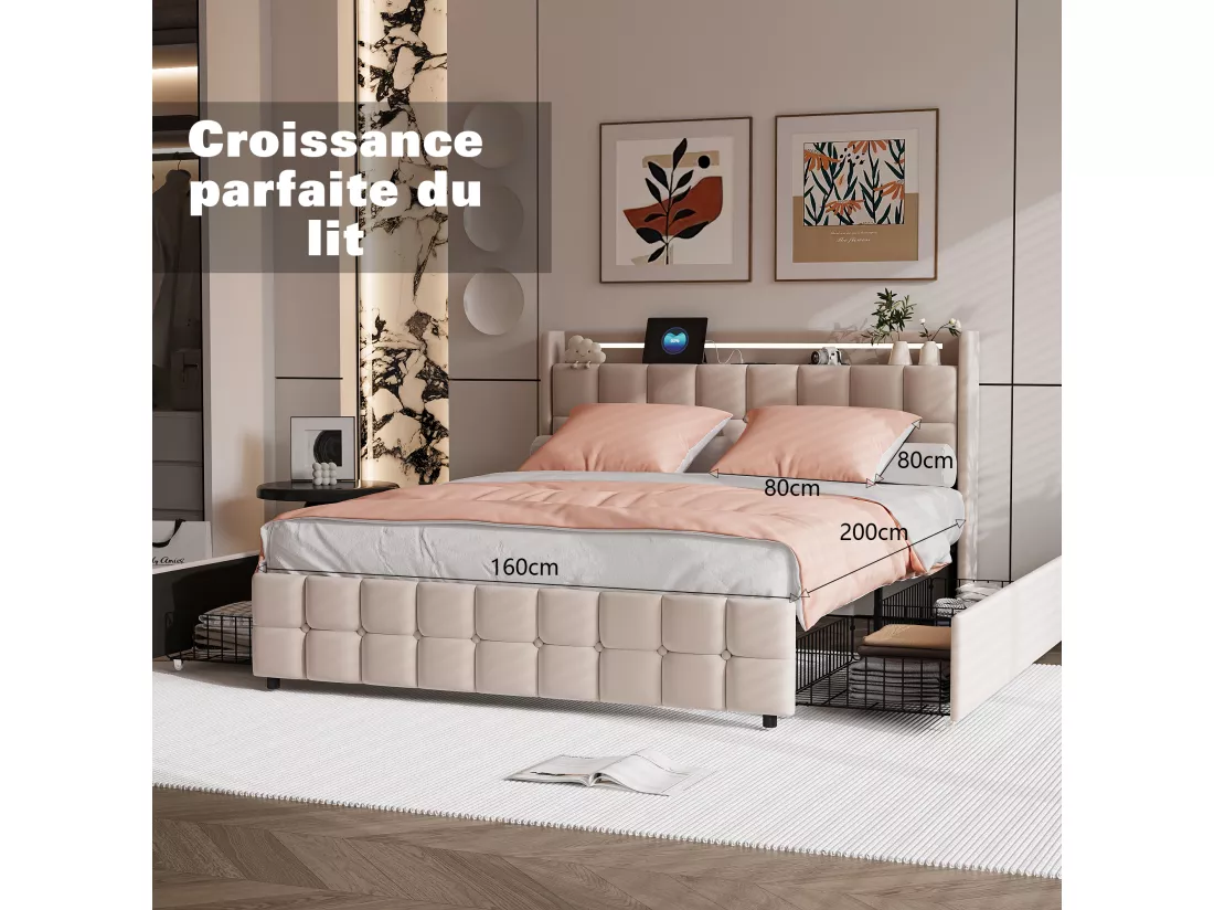 Parure de lit 3 pièces, d'oreiller*2(80 x 80),drap-housse(160 x 200)+housse de couette(155 x 220),Blanc+Rose,polyester