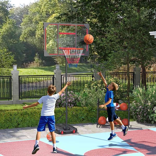 Utendørs basketballkurv for barn, 210-260 cm høydejusterbart basketballstativ med hjul, basketballsystem med stativ for barn fra 6 år og over, rød
