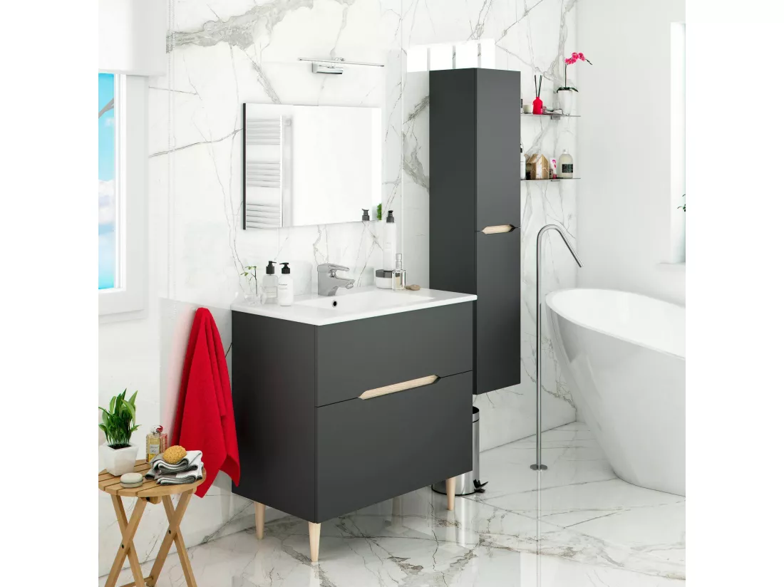 Colonne de salle de bain Dodde, Élément mural de salle de bain suspendu avec 2 portes, Armoire haute, 31x26h135 cm, Anthracite et Chêne