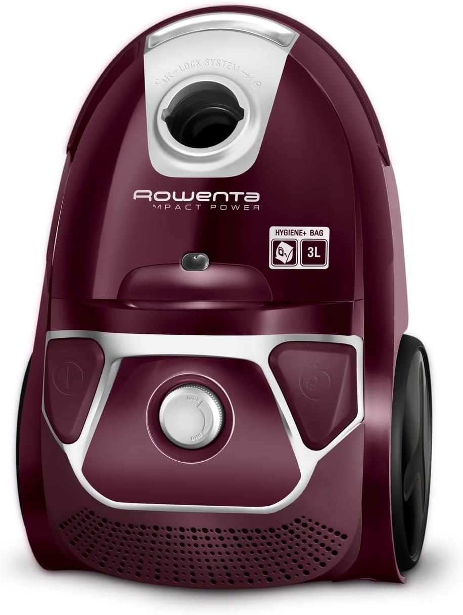 Rowenta Compact Power Staubsauger mit Beutel, 750 Watt, 3 Liter Staubbeutel, 2-in-1-Fugendüse, Home & Car-Set, für alle Bodenarten, kompaktes Design, Bodenstaubsauger, ‎dunkelrot /silber, RO3969EA