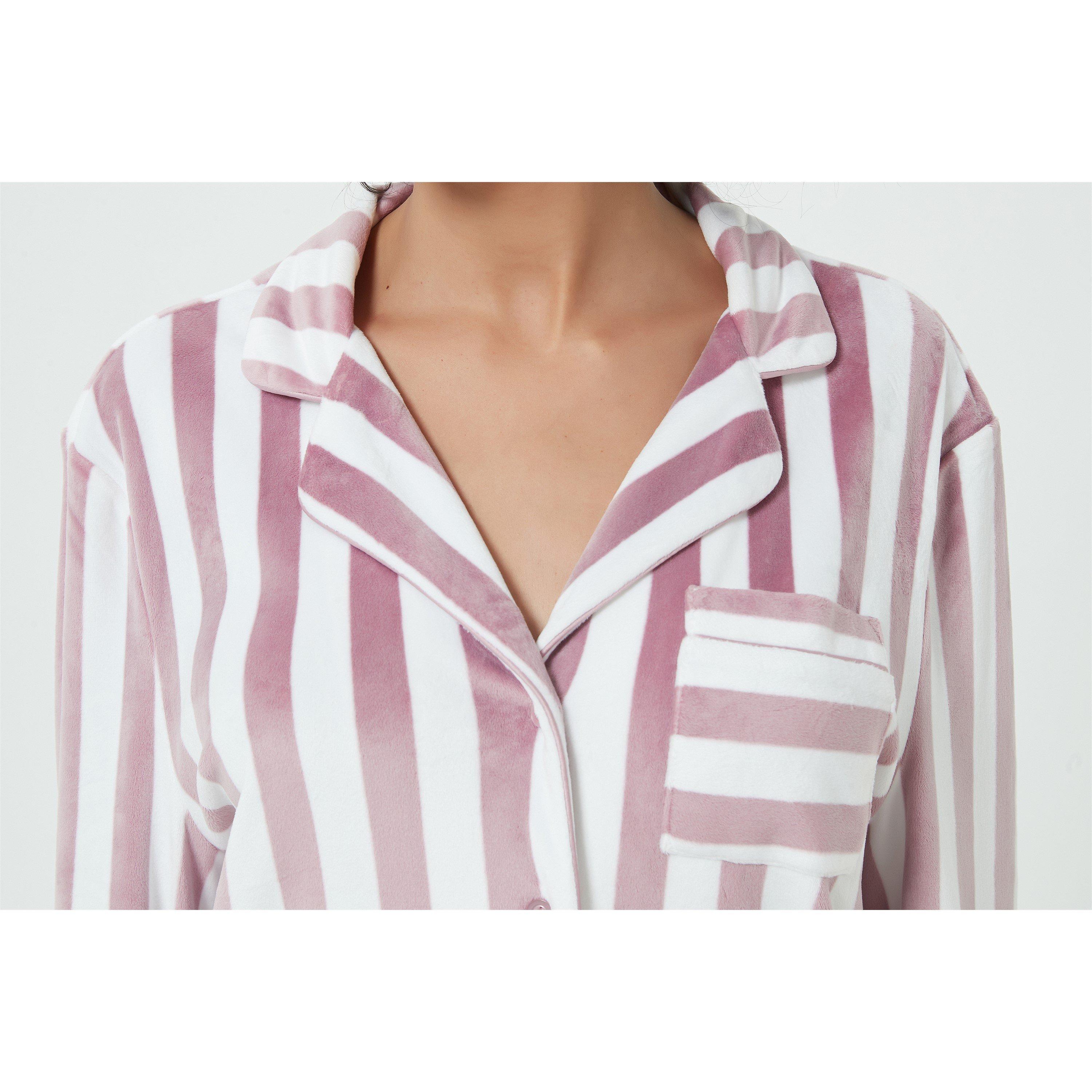 Linea Ladies Stripe Velour Button Through Pyjama Set