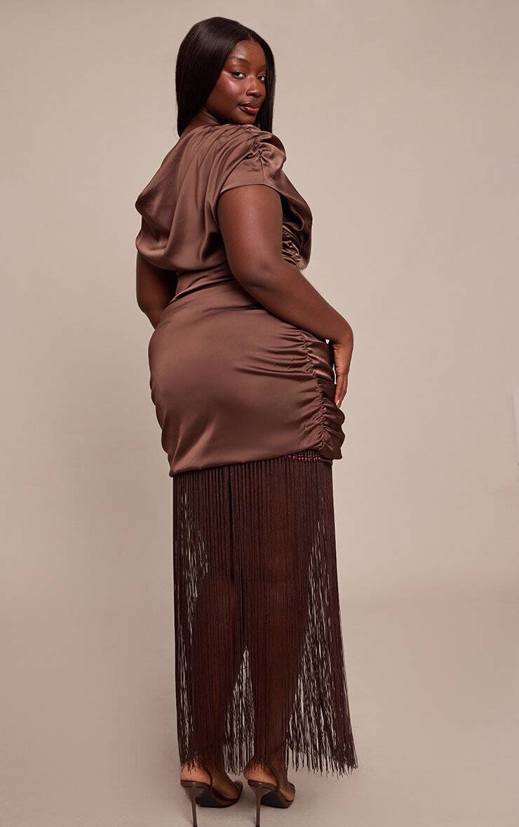 Chocolate Brown Ensemble Coordonné Top Drapé Asymétrique En Satin Grande Taille