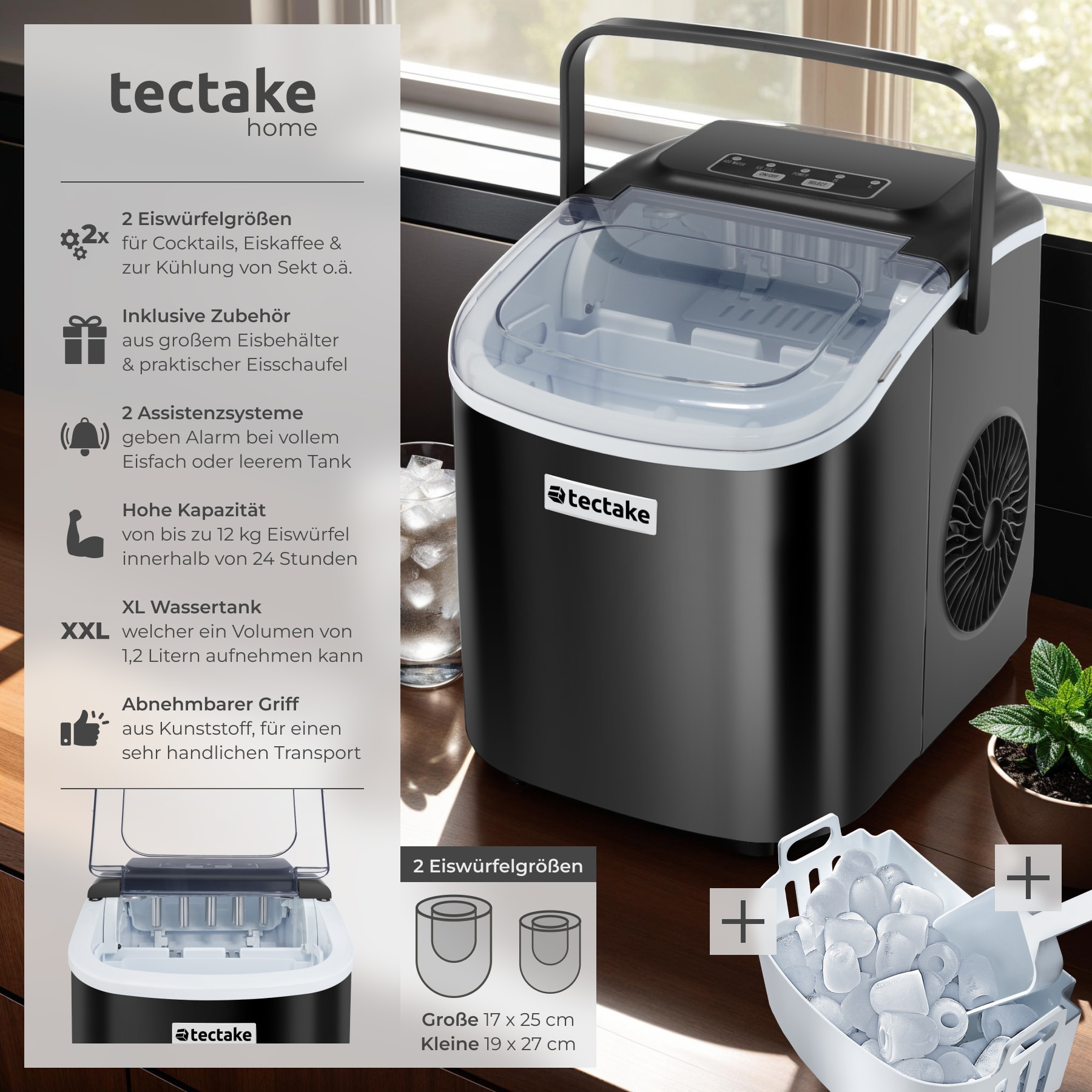 tectake® Eiswürfelmaschine, 1,2 l Wassertank, 2 Eiswürfelgrößen, 2 Assistenzsysteme, mit Reinigungsprogramm, inklusive Eiskorb und Eisschaufel