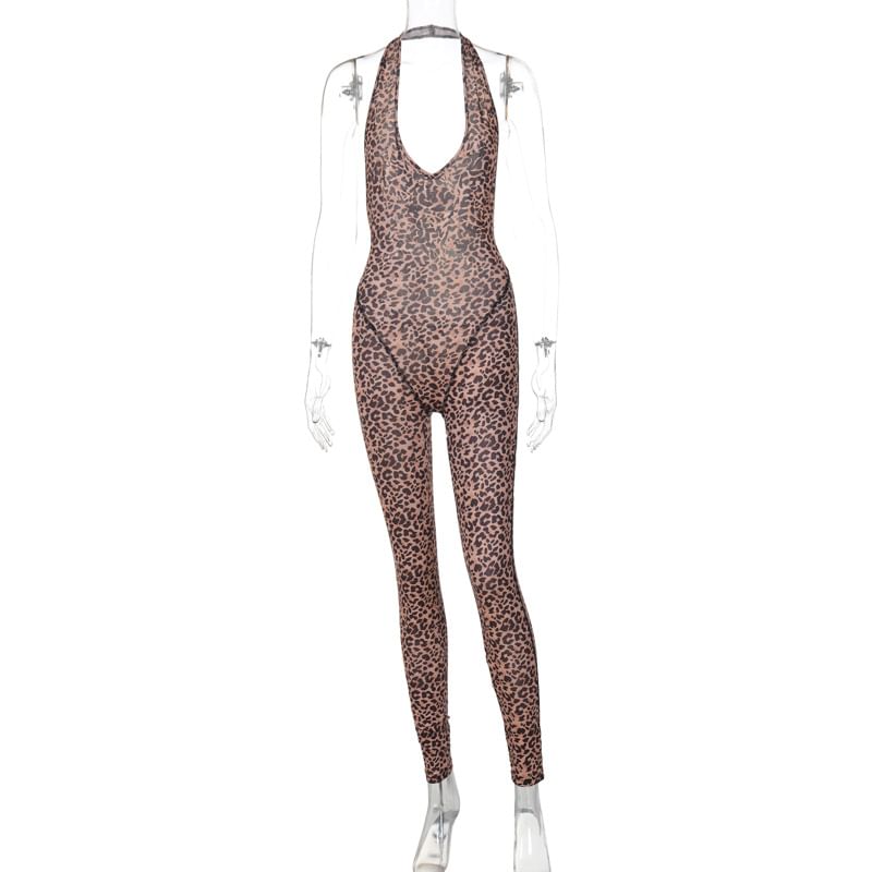 Ragom - Halter V-hals plunge luipaardprint open rug skinny jumpsuit