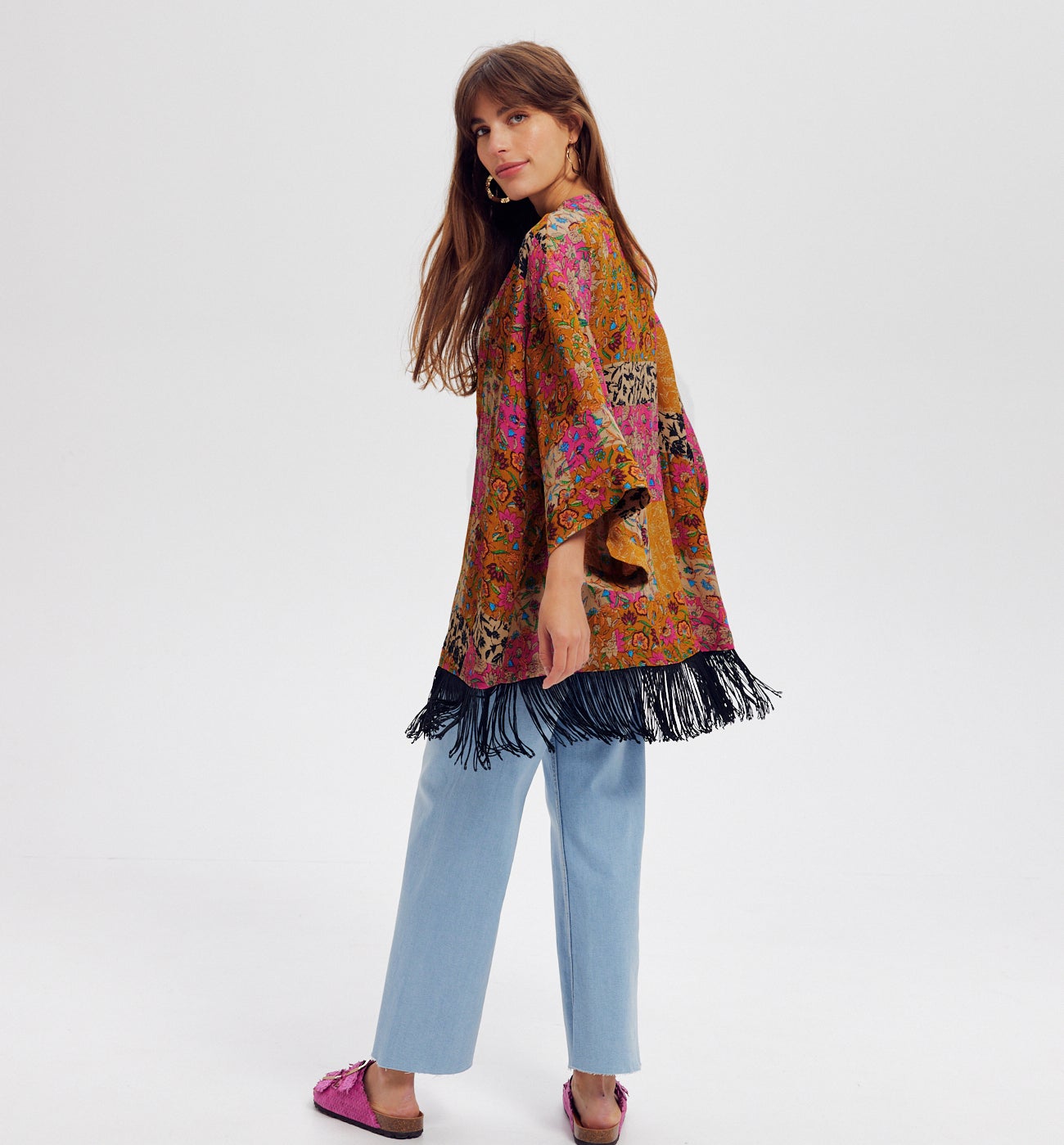 Kimono court à franges - Imprimé multicolore