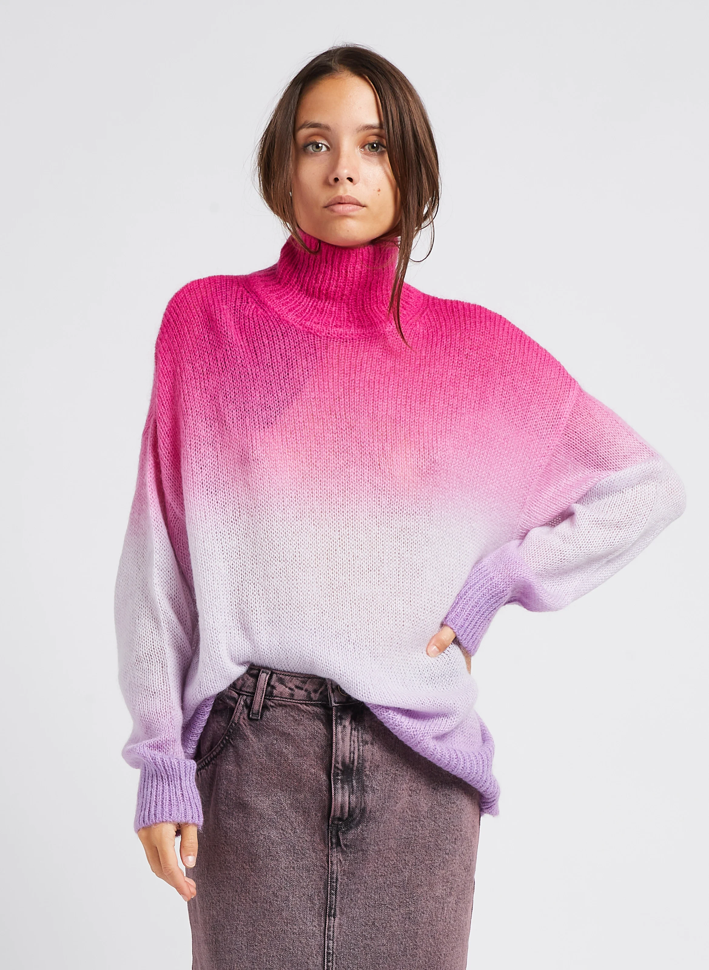 JULIETTE - Pull ample à col montant en laine mélangée tie and dye | Rose