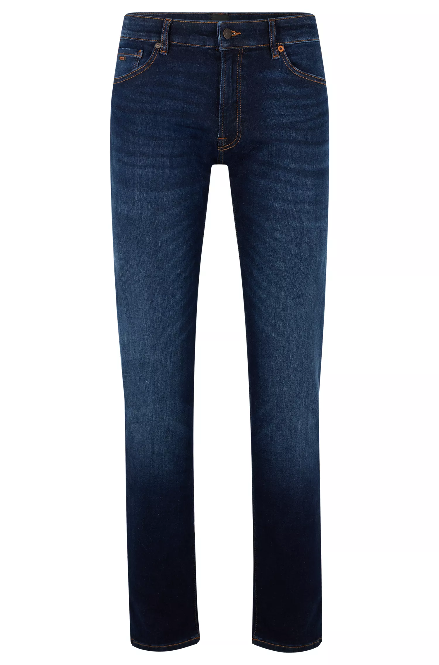 Calça jeans BOSS laranja, corte regular, em denim superelástico índigo escuro.