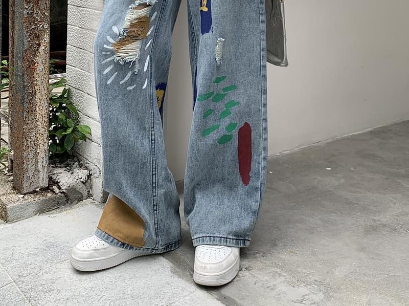 Cerauno - High Waist Brush Print Washed Distressed Wide Leg Jeans