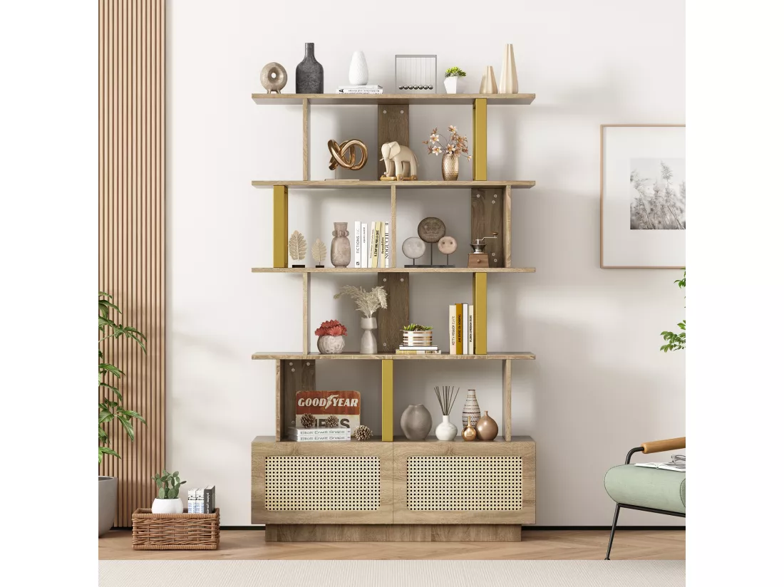 Bibliothèque avec 2 portes en rotin et étagères ouvertes - 105 x 31,7 x 160 cm - Panneaux de particules et métal - Chêne