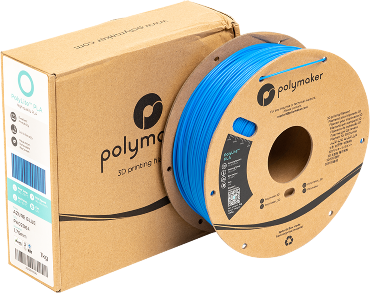 Polymaker  PolyLite PLA Azure Blue, 1,75 mm / 1000 g    Hochwertiges günstiges PLA von Polymaker