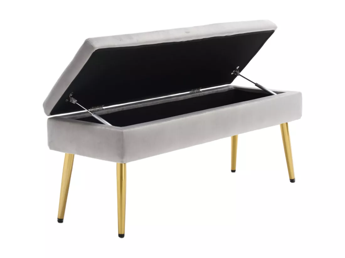 Banc de rangement, 111x35x44.5cm, pieds en métal doré pour salon, à l'entrée, à la chambre à coucher, en velours Gris clair