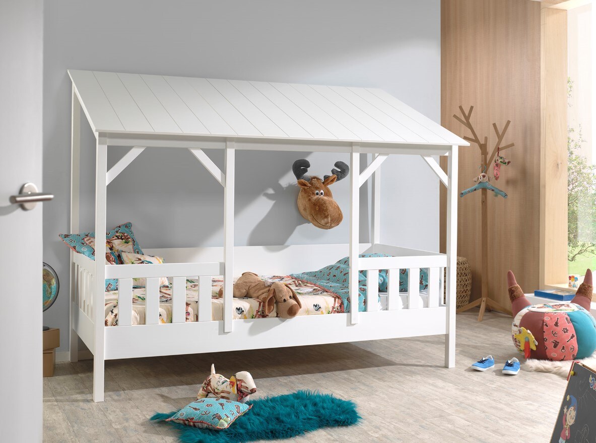 Hausbett mit 90 x 200 cm Liegefläche, Dach in Weiß