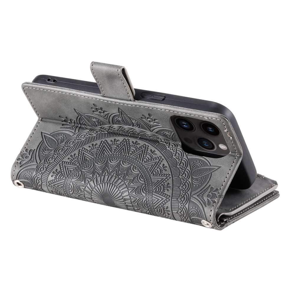 iPhone 16 Pro Max Leder Tasche Flip Cover mit Reissverschluss - Mandala Flowers Imprint - Grau