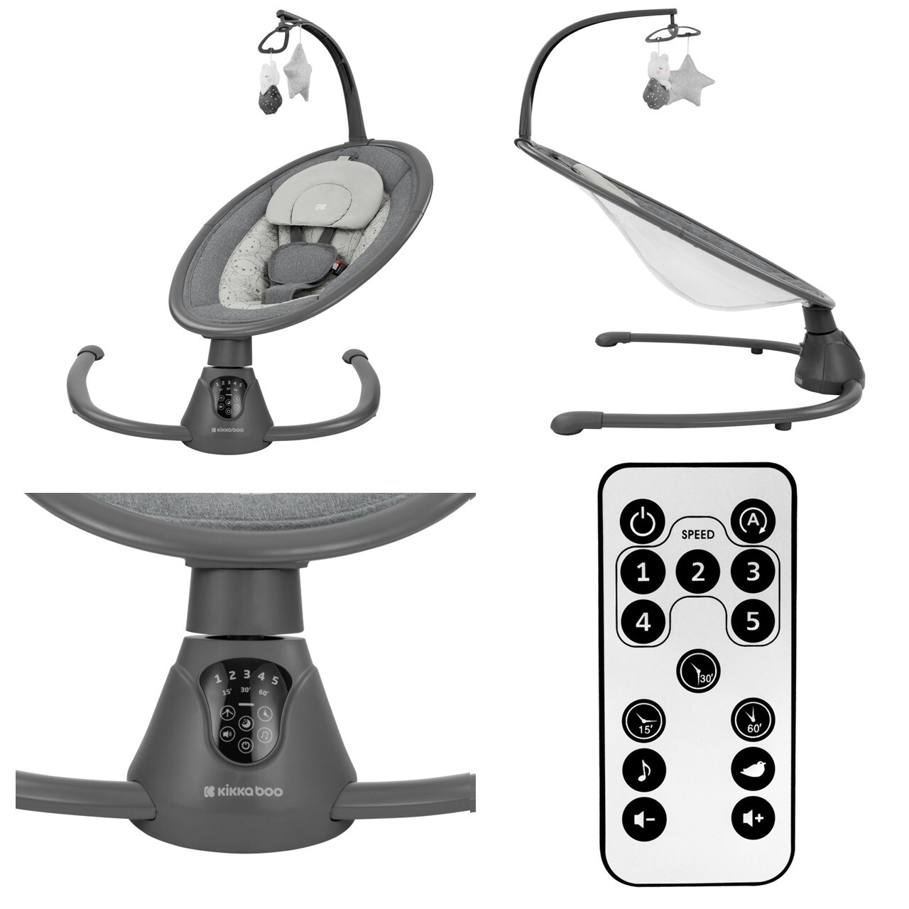 Kikkaboo elektrische Babywippe Twiddle, Schaukelfunktion, Fernbedienung, Timer dunkelgrau