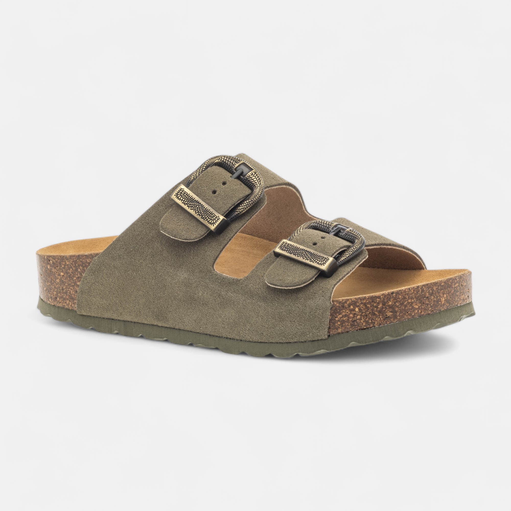 Mules semelle liège Femme en cuir kaki