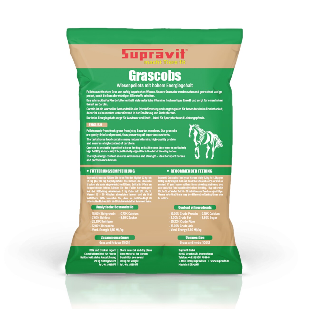 Supravit Grascobs für Pferde 20kg | natürliche Graspellets als Heuersatz | Wiesencobs für Pferde mit hohem Energiegehalt | Pferdefutter Heucobs aus frischem Gras