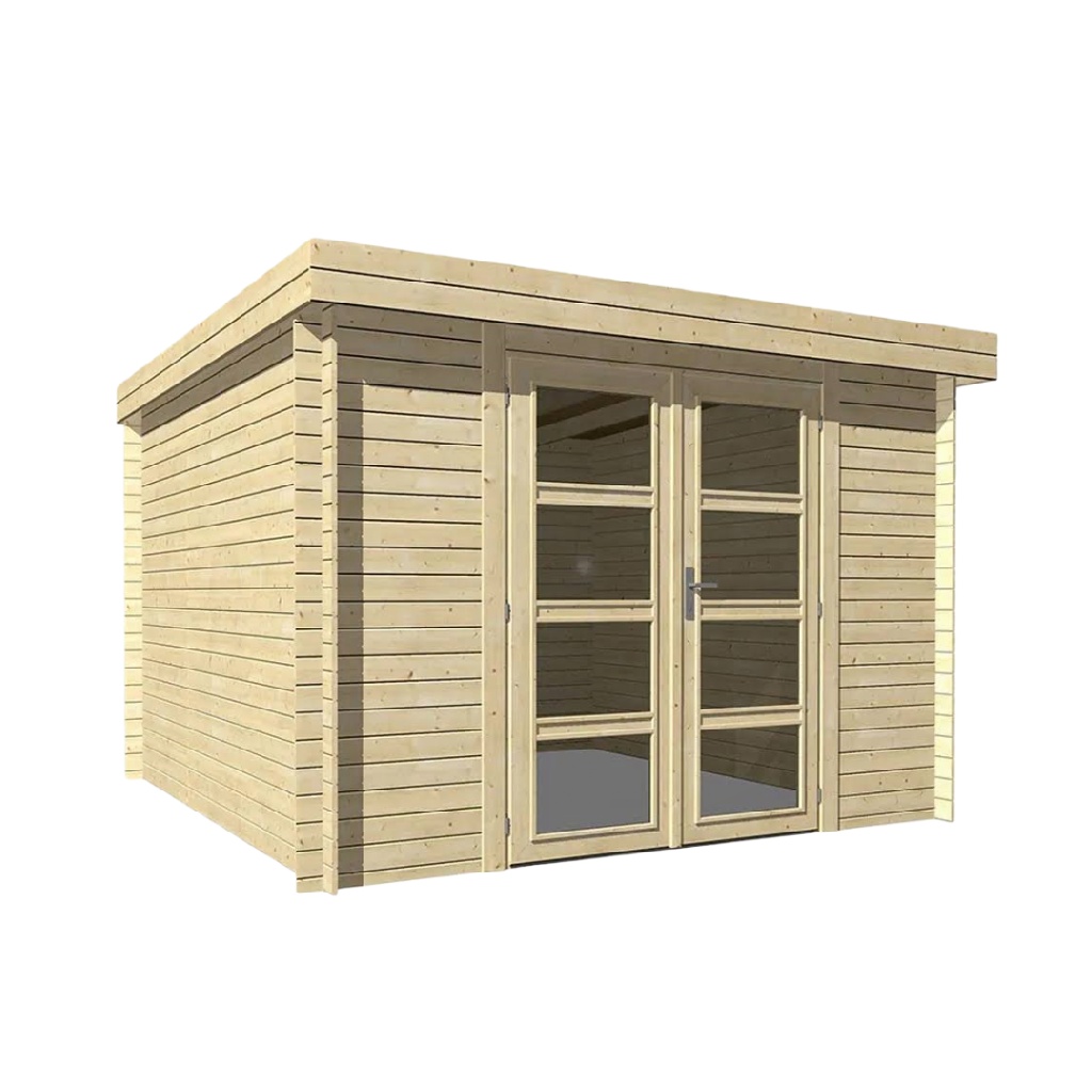 Abri de jardin moderne en bois d’épicéa 3,8 × 3,8 m avec double porte vitrée — toit plat