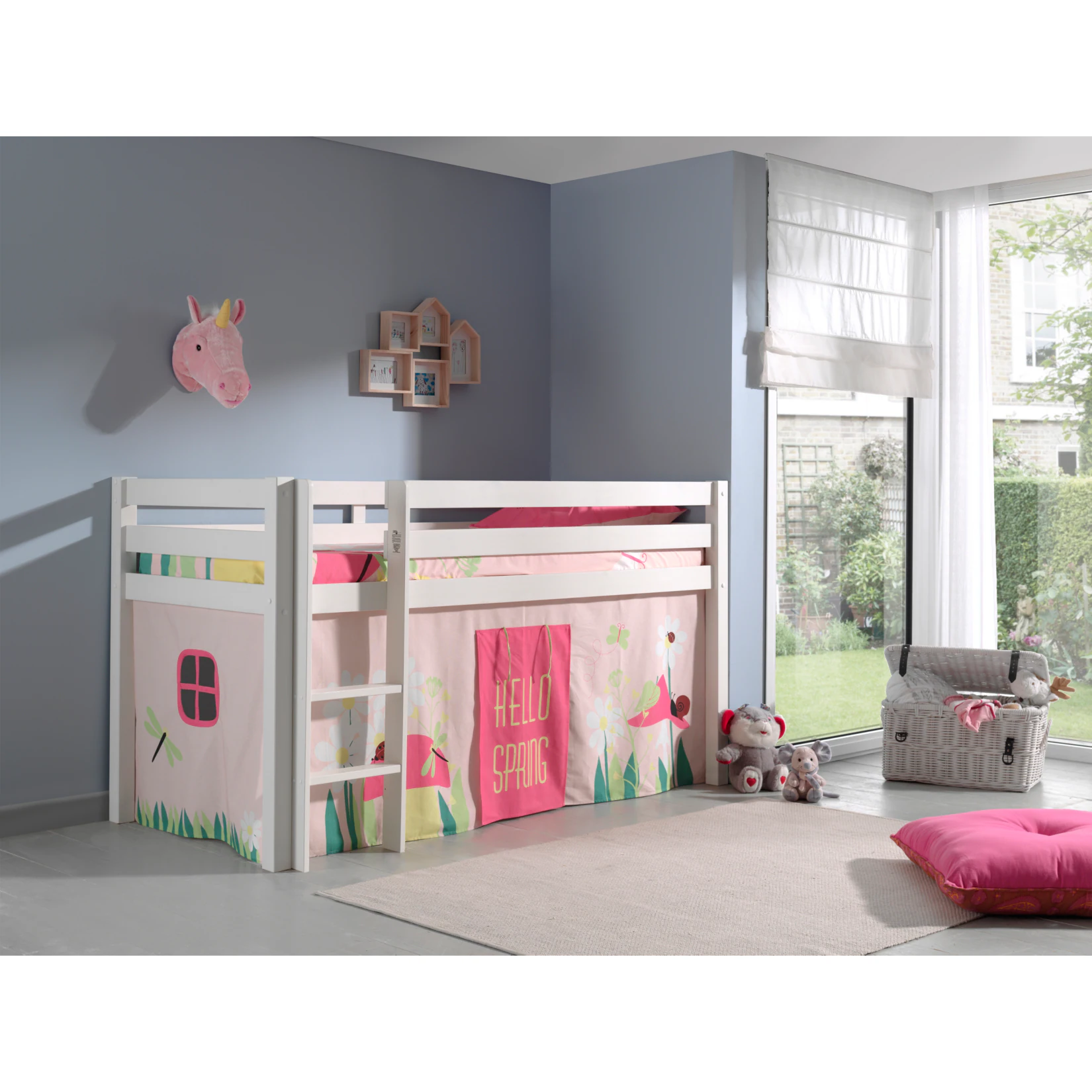 Vipack Spielbett Pino, Kiefer massiv weiß mit Vorhang - Dessin Spring