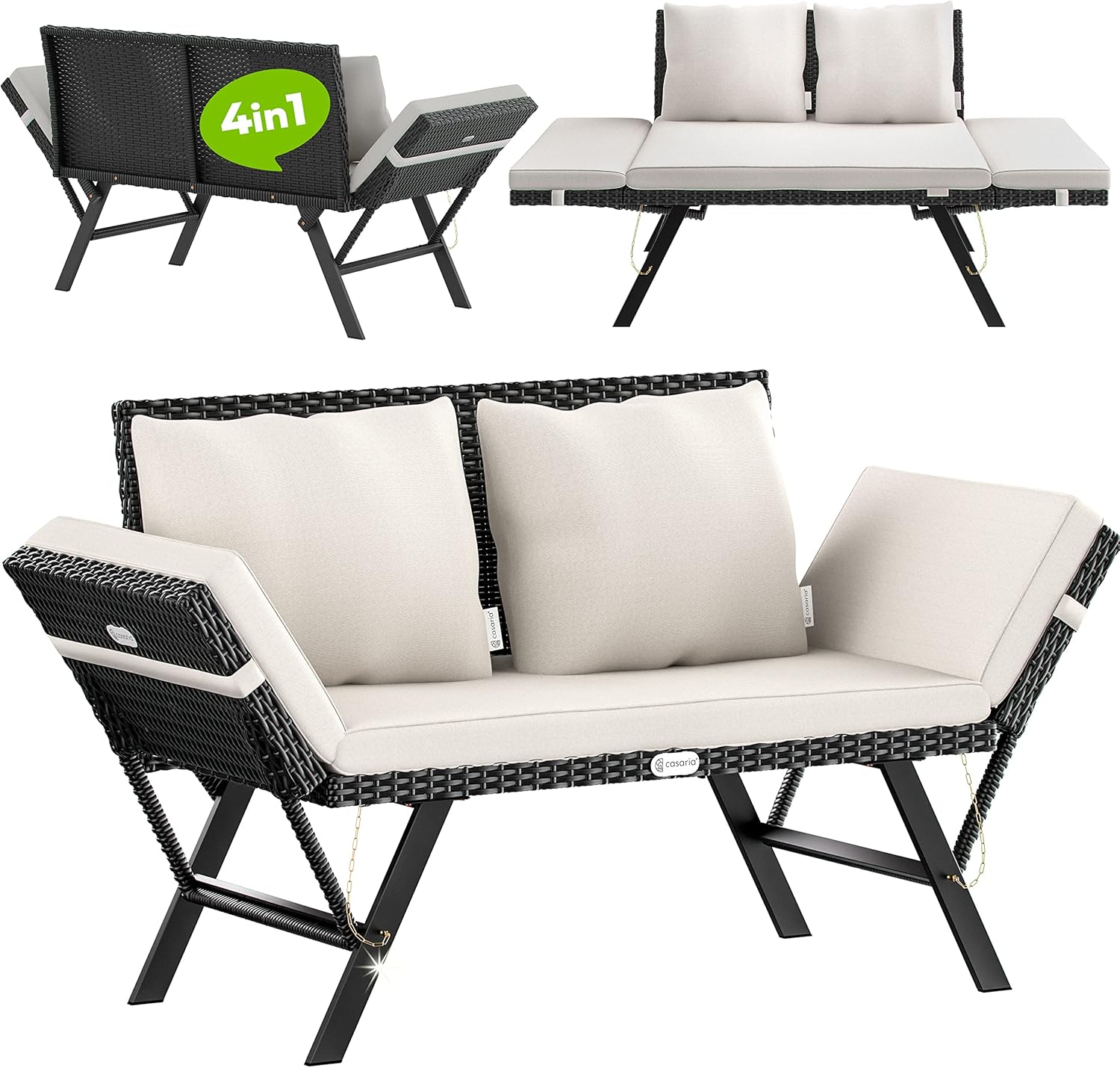 Casaria® Polyrattan Gartenbank mit Liegefunktion Auflage Kissen Verstellbare Armlehnen Wetterfest Draußen Garten Terrasse Balkon Bank Couch Liege Schwarz