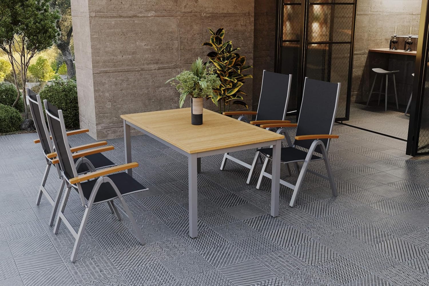Villana Garten-Essgruppe mit 4 Klappstühlen, Silber, Alu/Eukalyptus, ausziehbarer Tisch 150/200 x 90 cm, FSC®-zertifiziertes Produkt