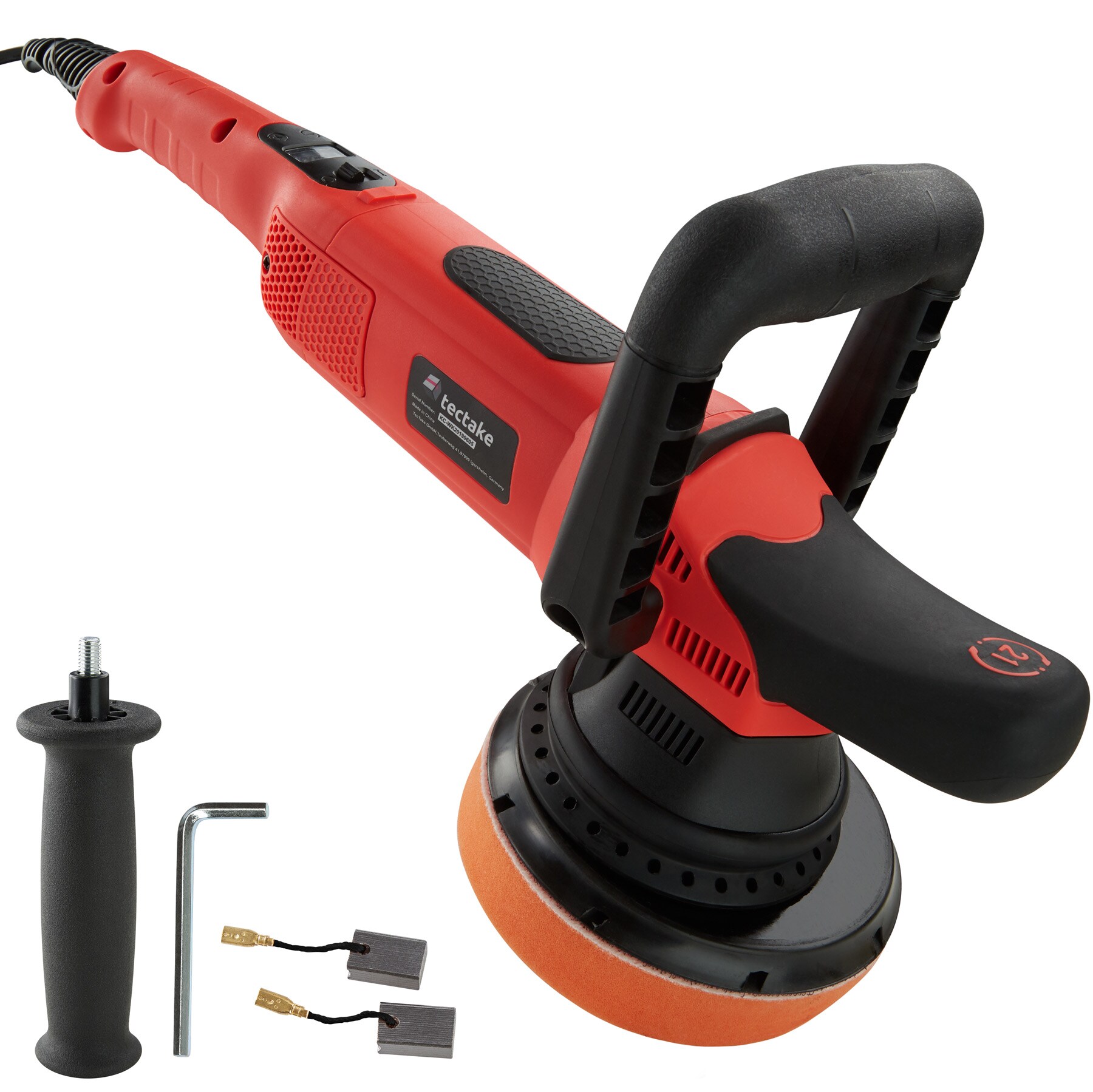 tectake® 3-teiliges Exzenter Poliermaschinen-Set, 810 W und 1650 - 4800 U/min, mit Bogenhandgriff und zusätzlichem Stabgriff, inklusive 2 Ersatzkohlen