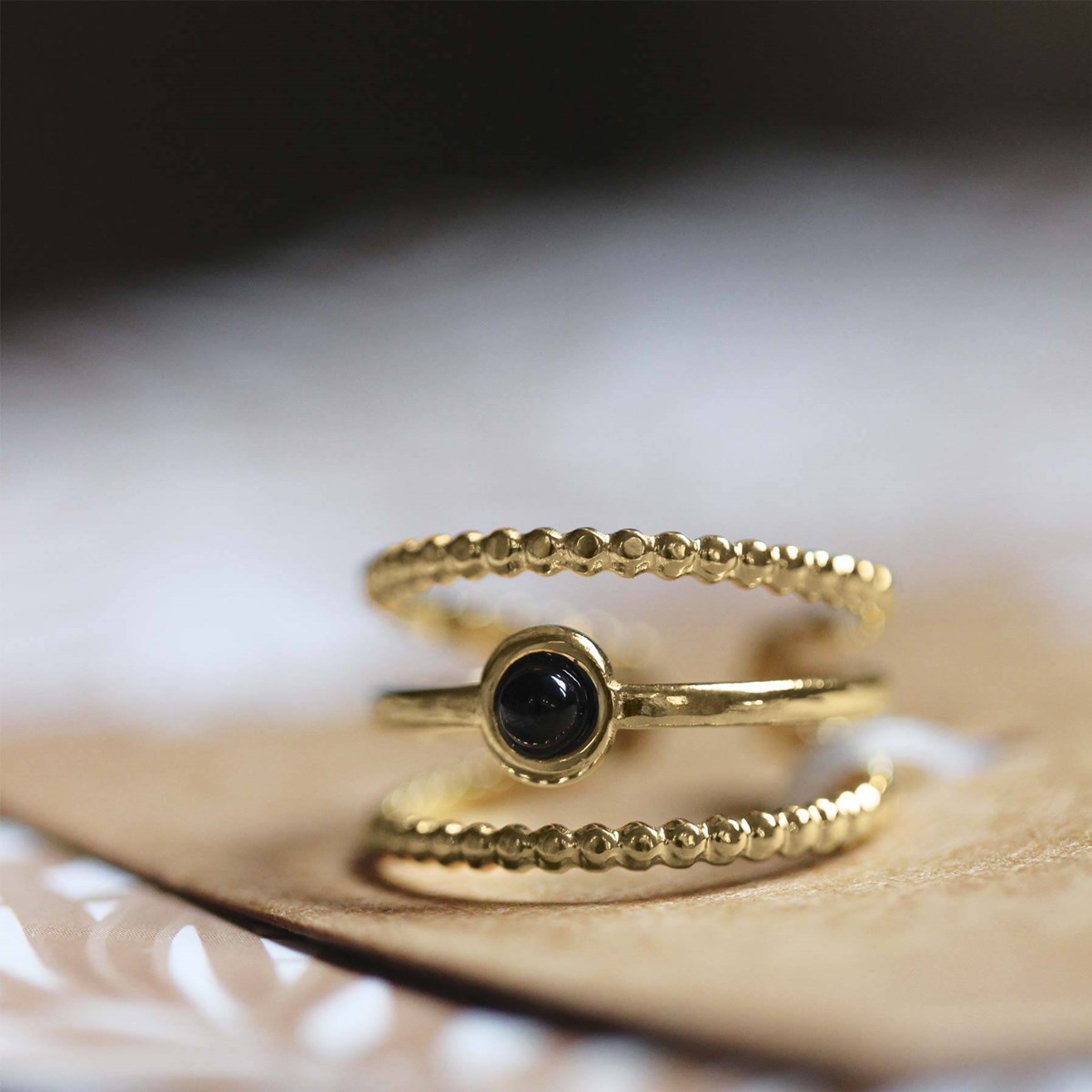 Bague Pépite pierre Obsidienne acier doré or