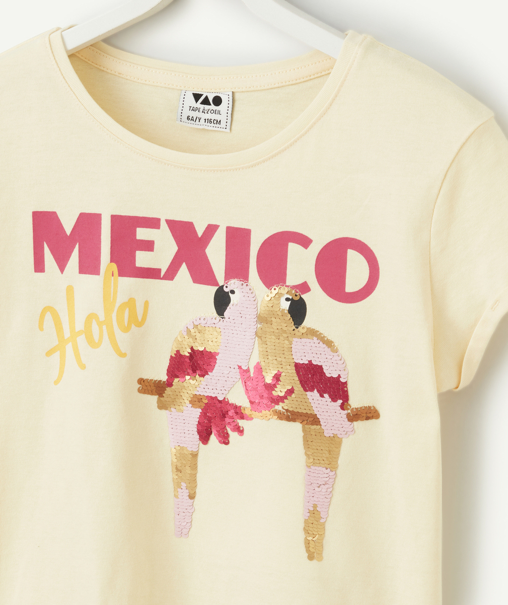 t-shirt fille en coton bio jaune avec perroquets en sequins réversibles colorés