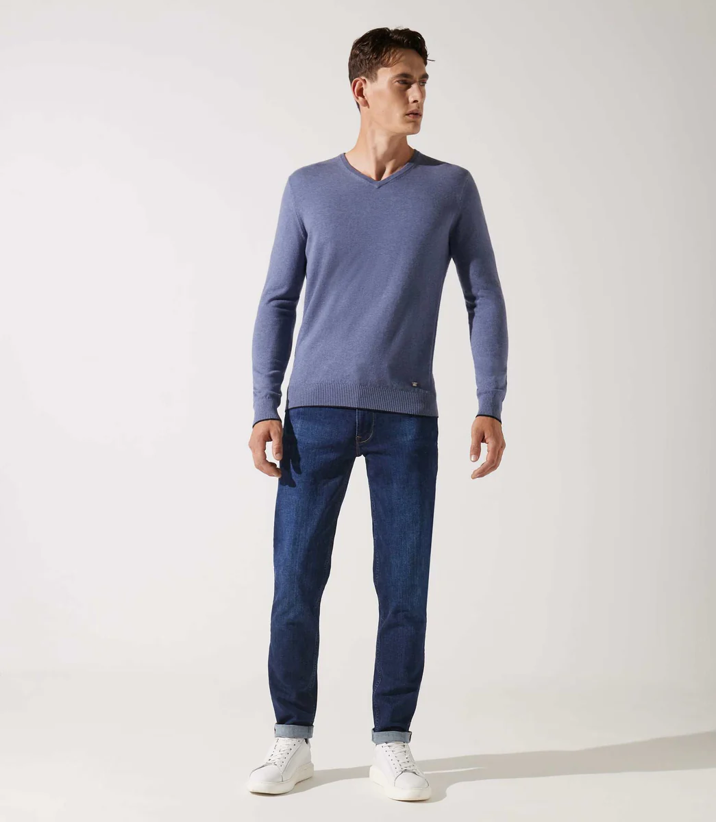 Pull col v rayé indigo