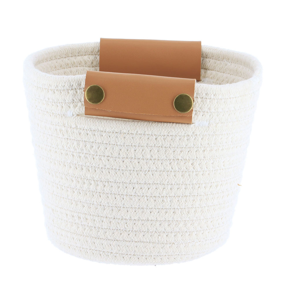 Panier coton blanc poignée marron 17x14cm