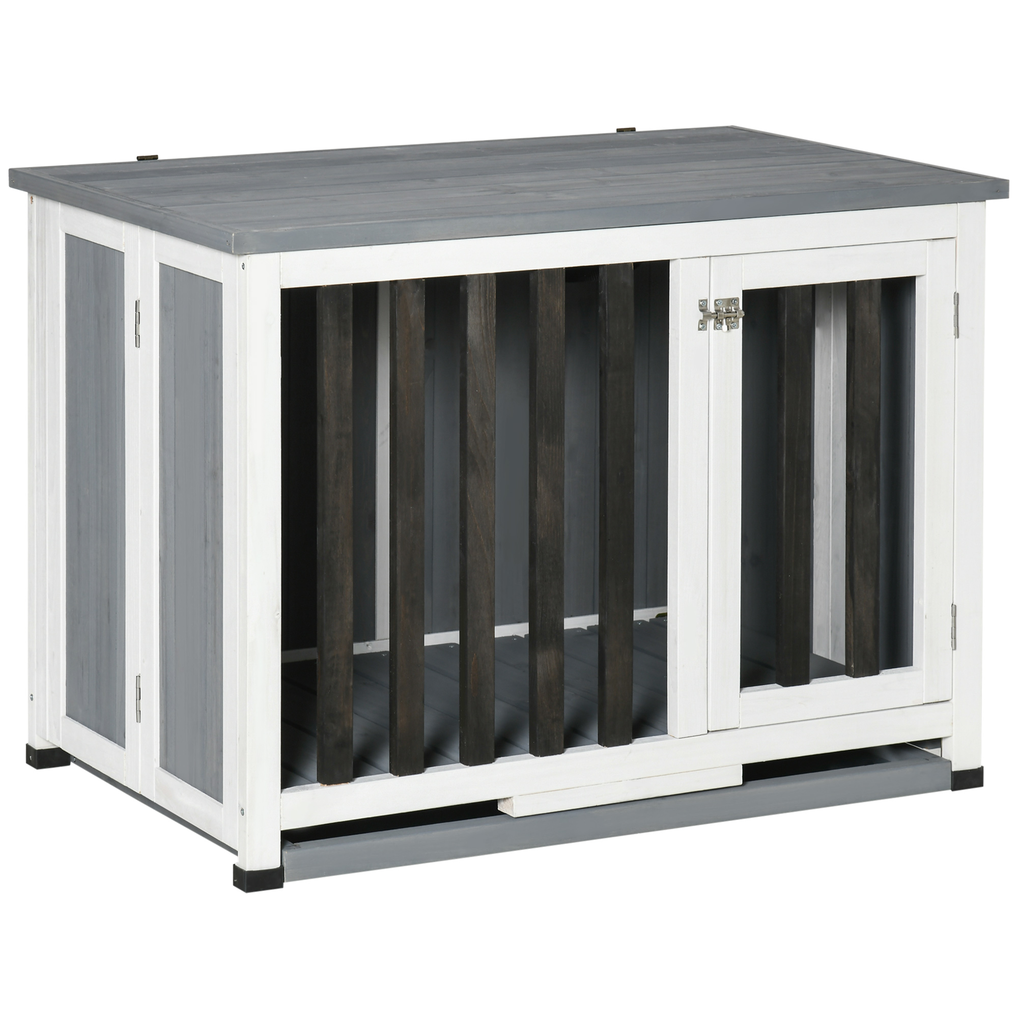 Gaiola dobrável PawHut para uso doméstico, 84,5 x 51,4 x 61 cm, móvel de madeira para cães com teto articulado e bandeja removível, cinza.