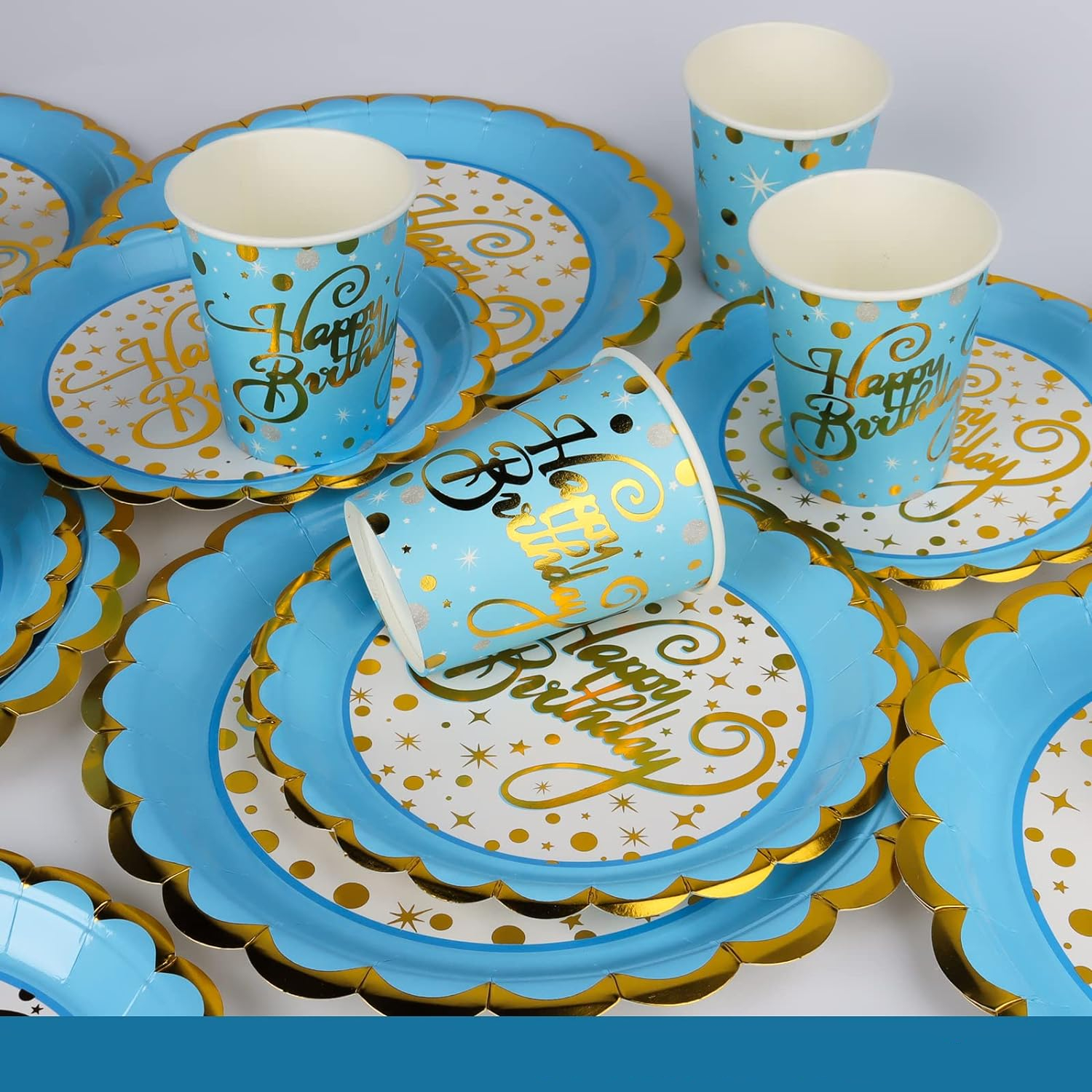 (30-tlg. Set) Happy Birthday Einweg Geschirr Geburtstags Party Tisch Deko - Blau / Gold