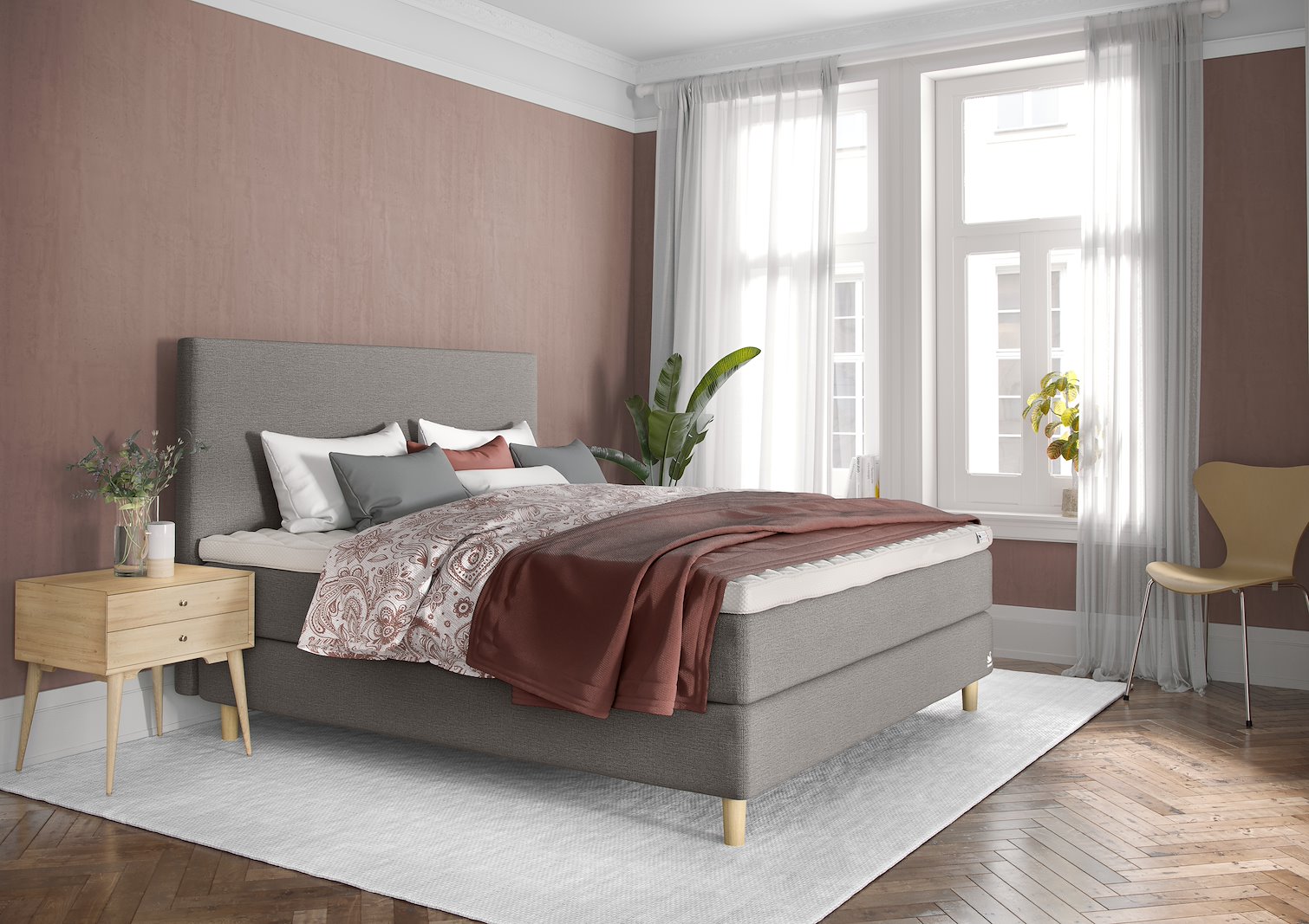 Zeta kontinentalseng Tekstil Moment Ice Grey, Earth Elastec® overmadrass og Cone Leg 14cm oak
