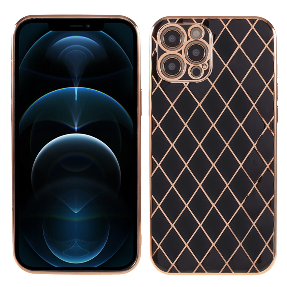 iPhone 12 Pro Gummi Case Hülle Galvanisierter Rahmen mit Rautenmuster - Schwarz / Roségold