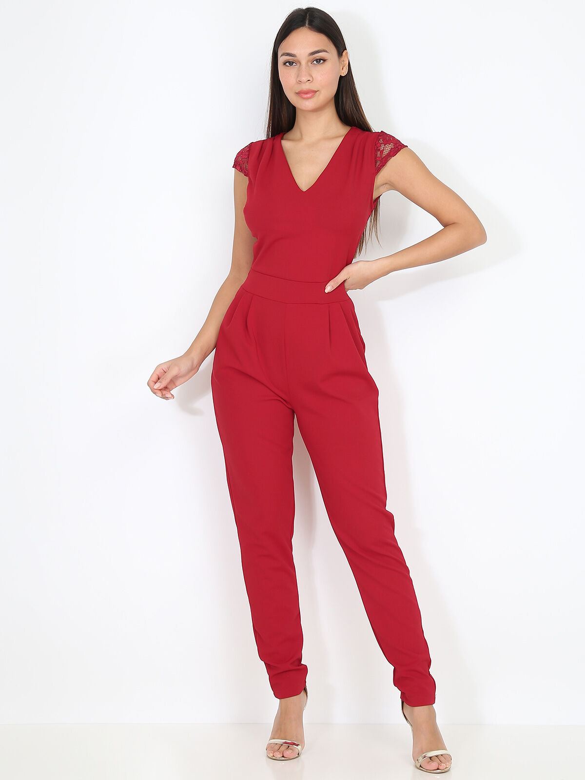 Combi-pantalon moulante à dentelle- Bordeaux
