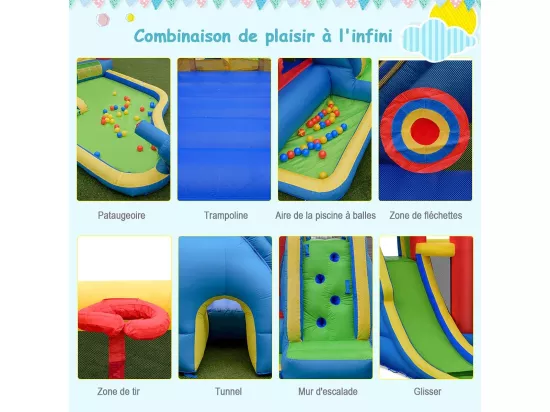 Château Gonflable avec Soufleur 450W, Aires de Jeux avec Toboggan, Mur d’Escalade, Trampoline&Canon Eau pour Enfant 3-10 Ans