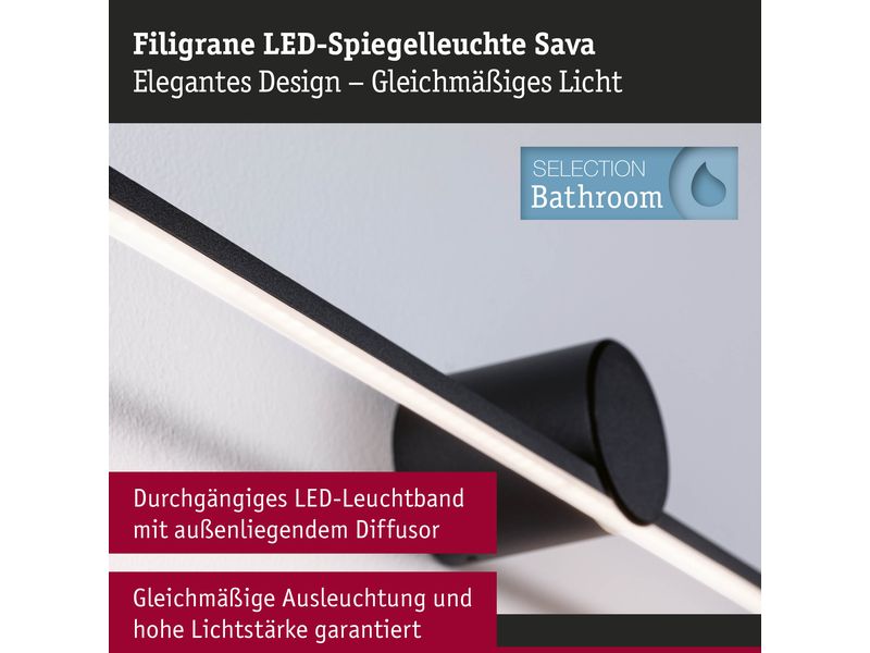 Paulmann Spiegelleuchte LED Sava 7.5W Schwarz Spiegelrohrleuchte mit Schutzart IP44