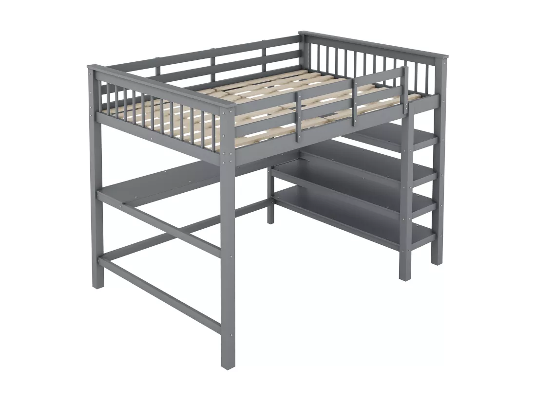 Lit mezzanine 140x200cm en bois - avec bureau et étagère de rangement - Gris