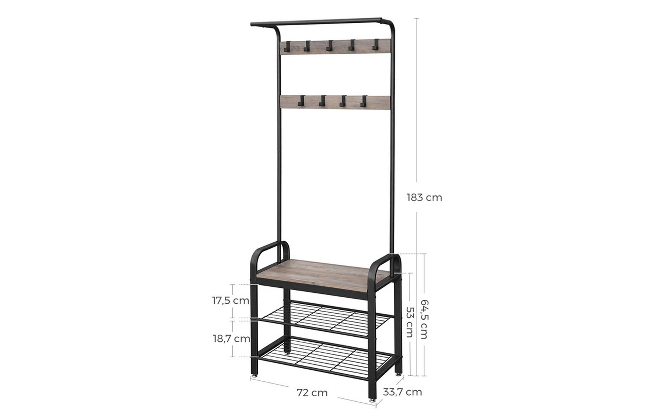 Garderobe mit Schuhablage 183 cm, Grau/SchwarzKleiderständer mit Sitzbank